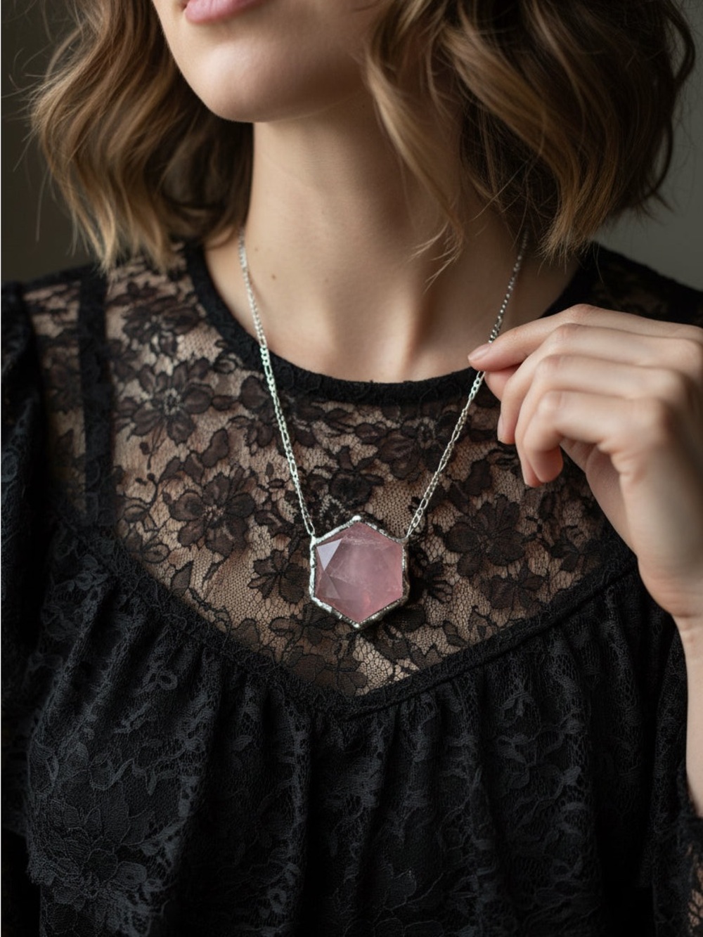 Crystal necklace  Hexagon Rose Quartz Pendant Necklace statement jewelry boho